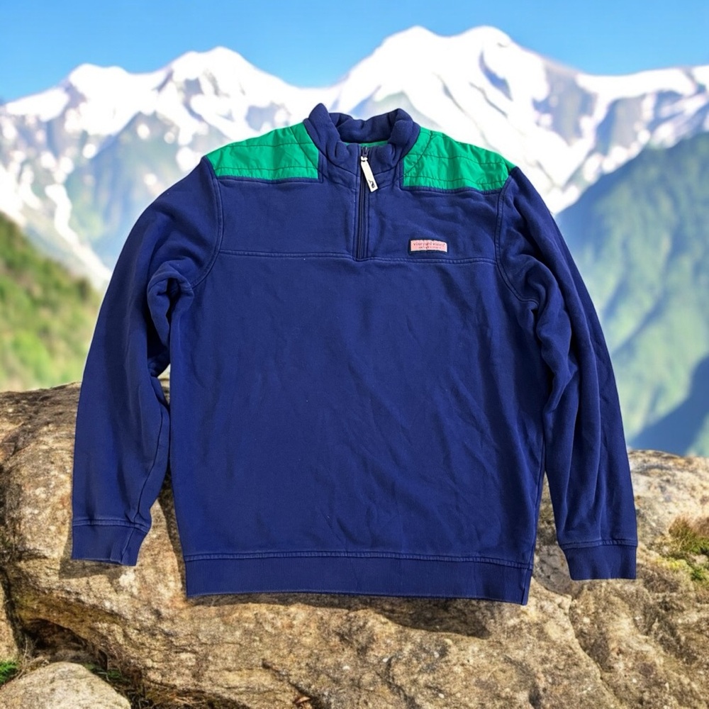 Vineyard Vines Womens Medium Blue Green Quilted Shoulder 1/4 Zip Pullover Jacket